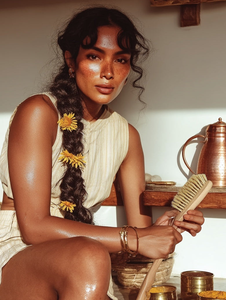 Woman with braided hair holding a brush in a rustic setting with copper pots and bowls.